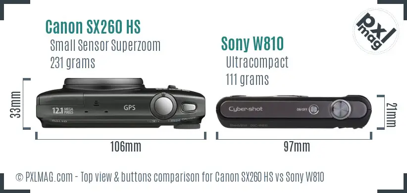 Canon SX260 HS vs Sony W810 top view buttons comparison