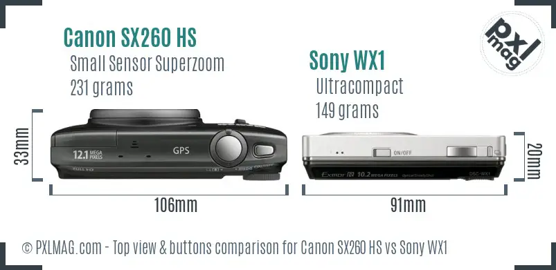 Canon SX260 HS vs Sony WX1 top view buttons comparison Canon SX260 HS vs Sony WX1 top view buttons comparison