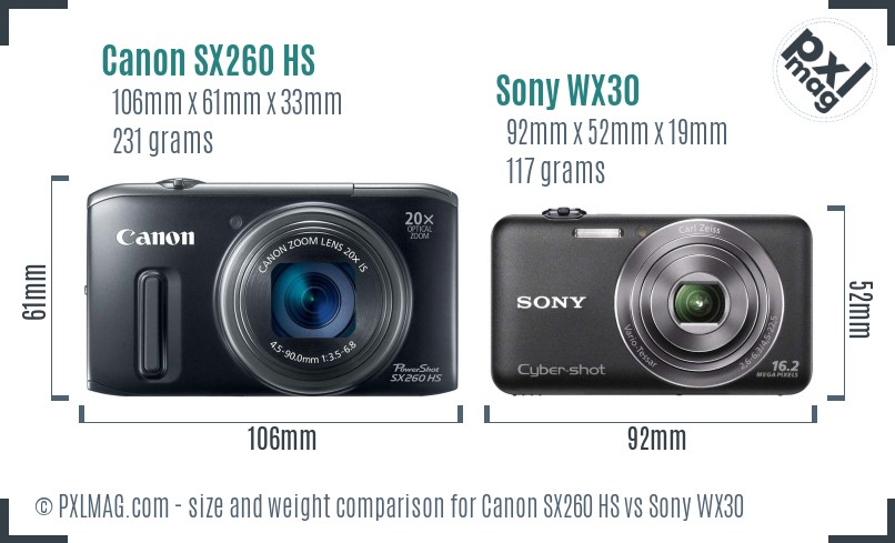 Canon SX260 HS vs Sony WX30 size comparison