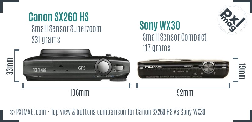 Canon SX260 HS vs Sony WX30 top view buttons comparison