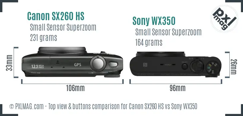 Canon SX260 HS vs Sony WX350 top view buttons comparison