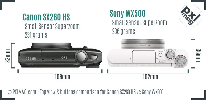 Canon SX260 HS vs Sony WX500 top view buttons comparison Canon SX260 HS vs Sony WX500 top view buttons comparison
