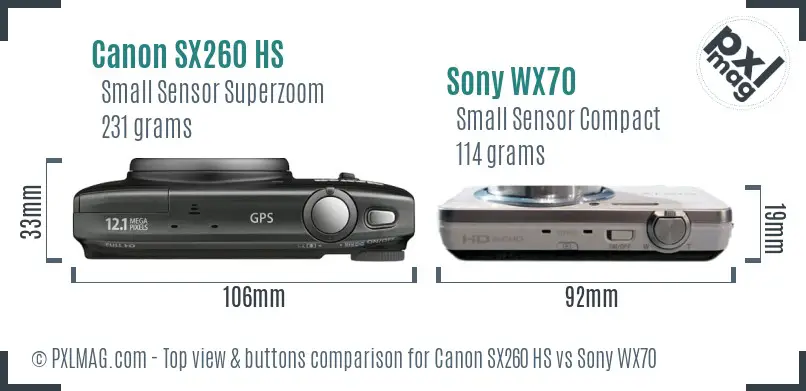Canon SX260 HS vs Sony WX70 top view buttons comparison Canon SX260 HS vs Sony WX70 top view buttons comparison