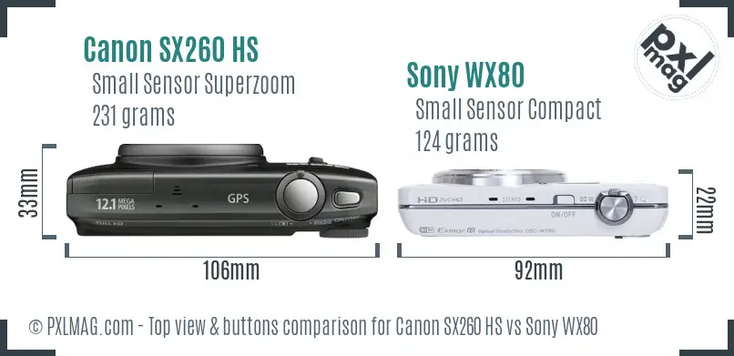 Canon SX260 HS vs Sony WX80 top view buttons comparison