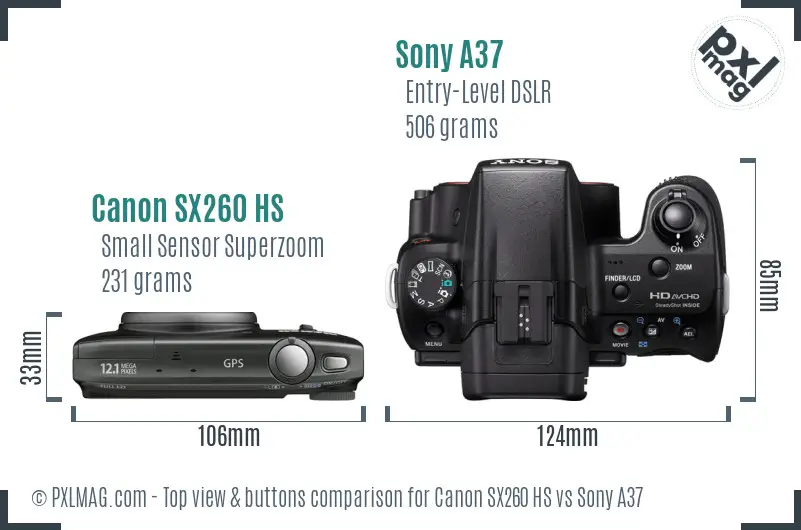 Canon SX260 HS vs Sony A37 top view buttons comparison