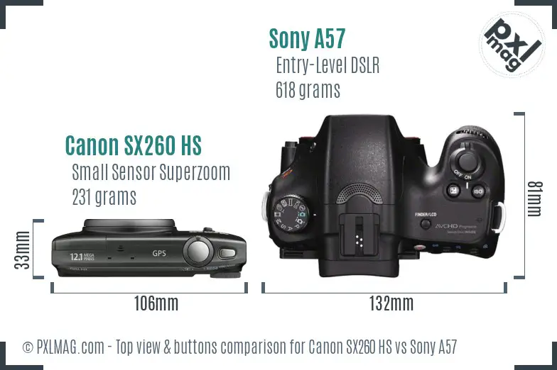 Canon SX260 HS vs Sony A57 top view buttons comparison Canon SX260 HS vs Sony A57 top view buttons comparison