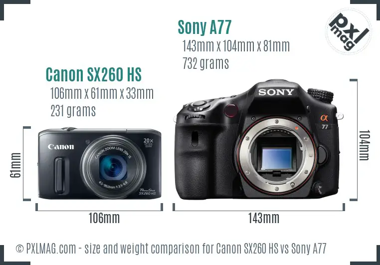 Canon SX260 HS vs Sony A77 size comparison