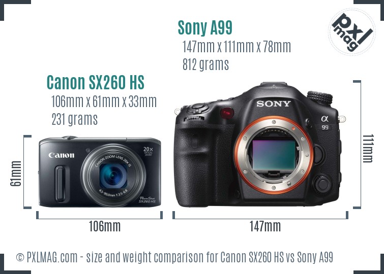 Canon SX260 HS vs Sony A99 size comparison
