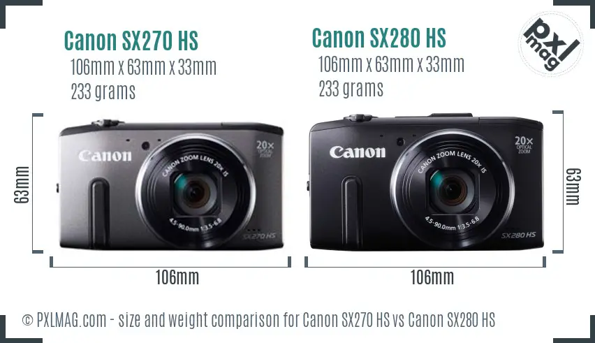 Canon SX270 HS vs Canon SX280 HS size comparison