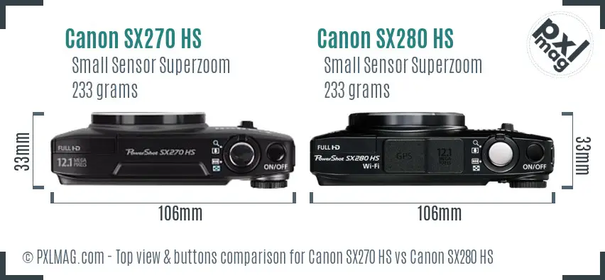 Canon SX270 HS vs Canon SX280 HS top view buttons comparison
