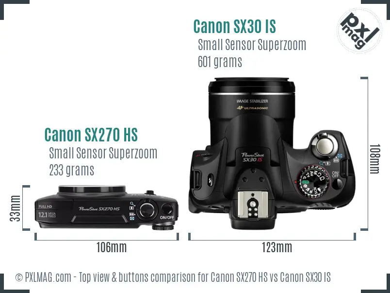 Canon SX270 HS vs Canon SX30 IS top view buttons comparison