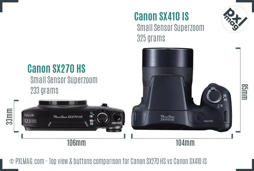 Canon SX270 HS vs Canon SX410 IS top view buttons comparison