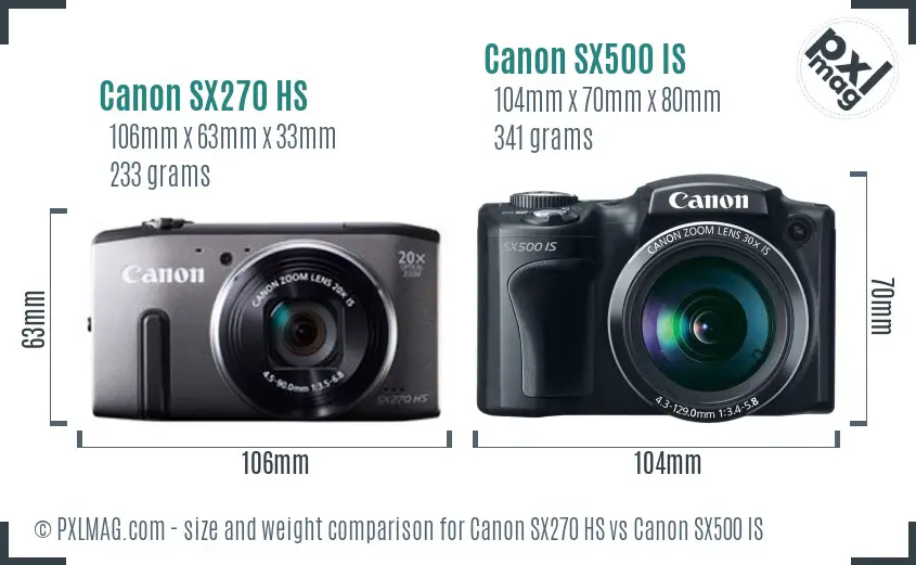 Canon SX270 HS vs Canon SX500 IS size comparison