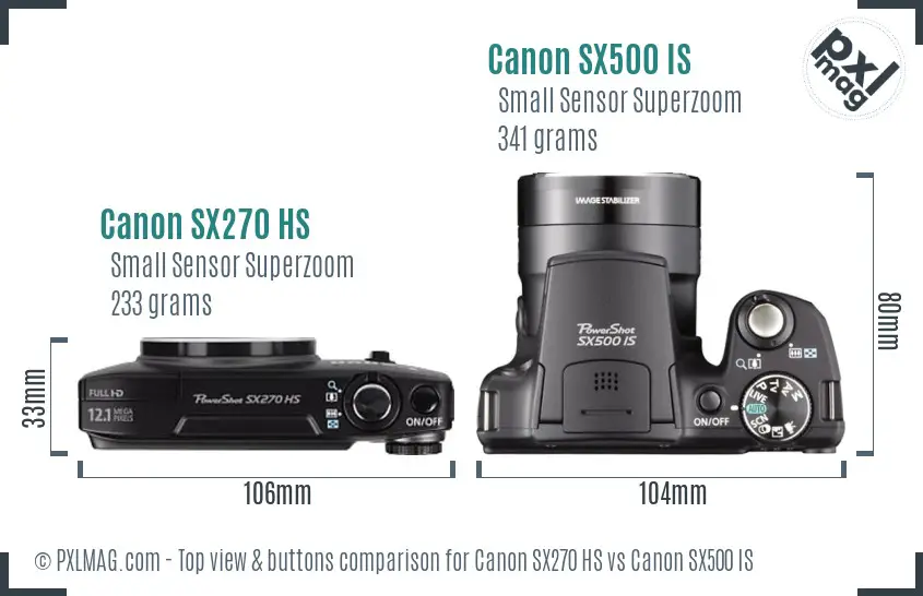 Canon SX270 HS vs Canon SX500 IS top view buttons comparison