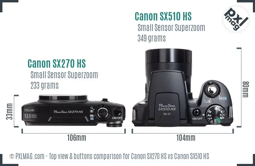 Canon SX270 HS vs Canon SX510 HS top view buttons comparison