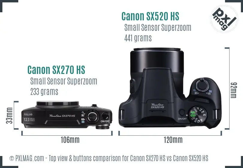 Canon SX270 HS vs Canon SX520 HS top view buttons comparison