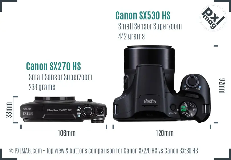 Canon SX270 HS vs Canon SX530 HS top view buttons comparison