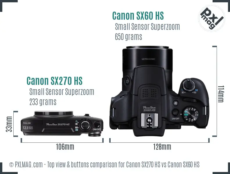 Canon SX270 HS vs Canon SX60 HS top view buttons comparison
