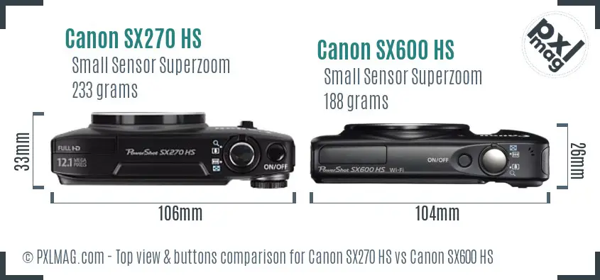 Canon SX270 HS vs Canon SX600 HS top view buttons comparison