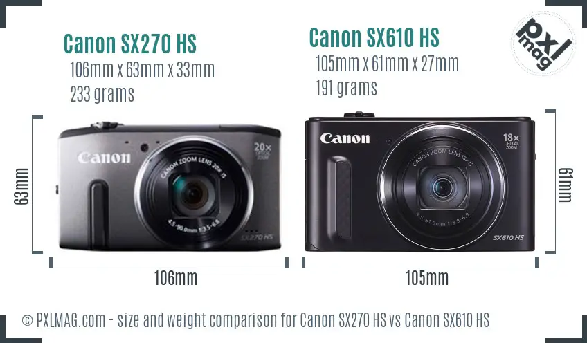 Canon SX270 HS vs Canon SX610 HS size comparison