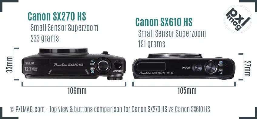 Canon SX270 HS vs Canon SX610 HS top view buttons comparison