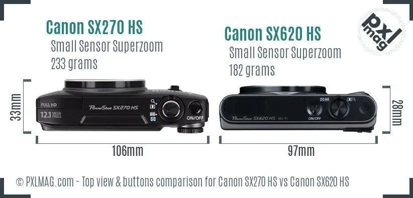 Canon SX270 HS vs Canon SX620 HS top view buttons comparison