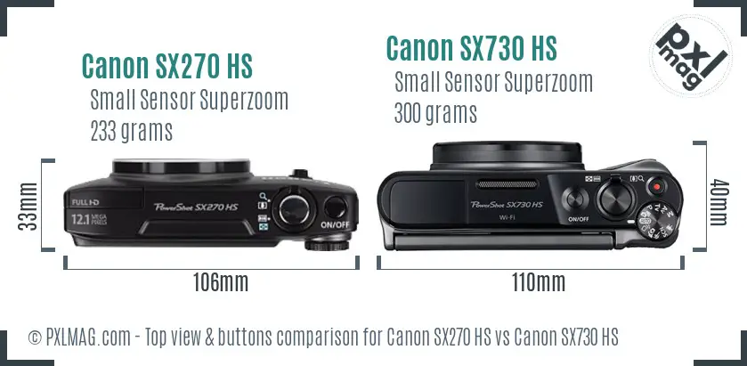 Canon SX270 HS vs Canon SX730 HS top view buttons comparison
