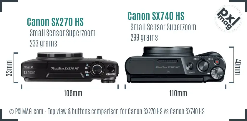 Canon SX270 HS vs Canon SX740 HS top view buttons comparison