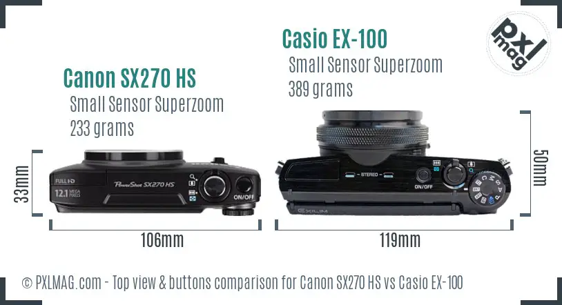 Canon SX270 HS vs Casio EX-100 top view buttons comparison