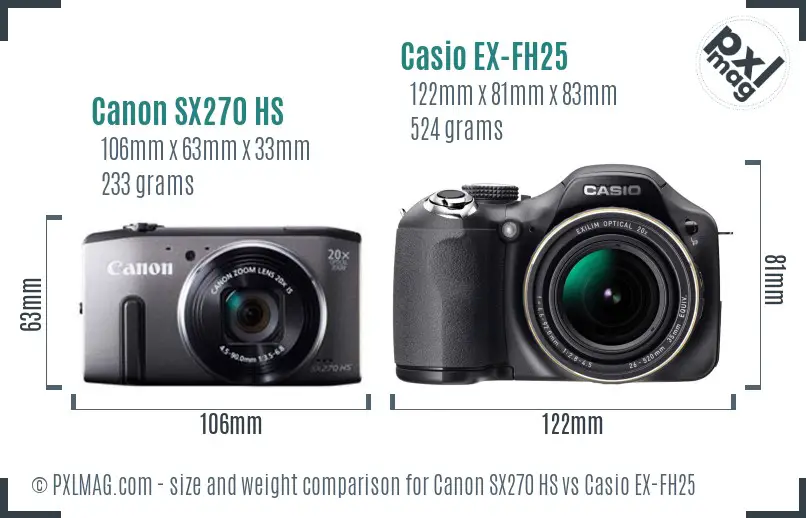 Canon SX270 HS vs Casio EX-FH25 size comparison