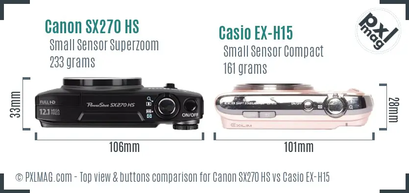 Canon SX270 HS vs Casio EX-H15 top view buttons comparison