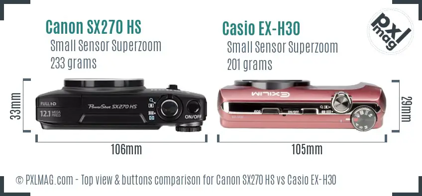 Canon SX270 HS vs Casio EX-H30 top view buttons comparison Canon SX270 HS vs Casio EX-H30 top view buttons comparison