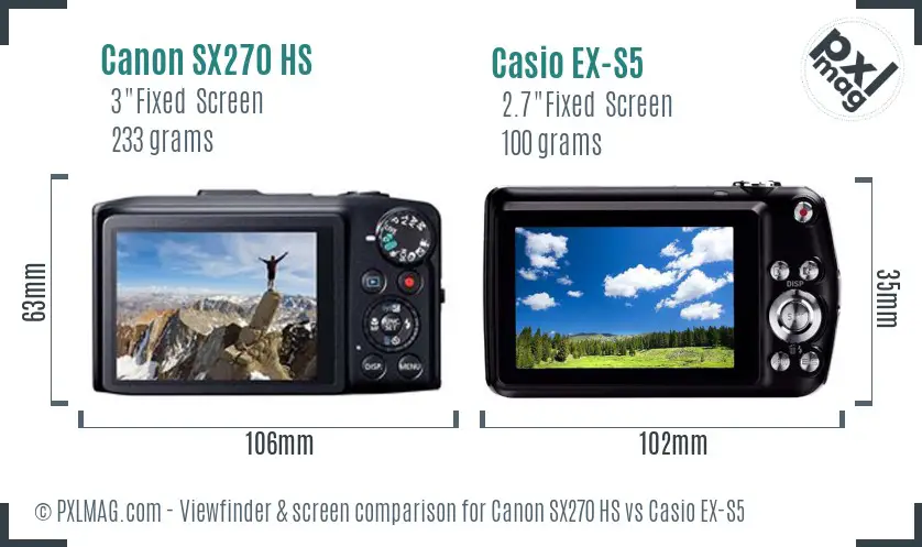 Canon SX270 HS vs Casio EX-S5 Screen and Viewfinder comparison