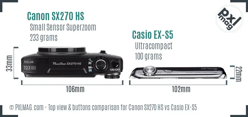 Canon SX270 HS vs Casio EX-S5 top view buttons comparison