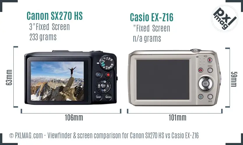 Canon SX270 HS vs Casio EX-Z16 Screen and Viewfinder comparison