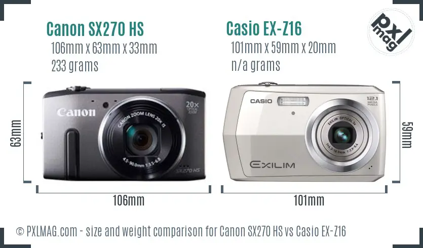 Canon SX270 HS vs Casio EX-Z16 size comparison