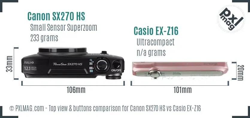 Canon SX270 HS vs Casio EX-Z16 top view buttons comparison