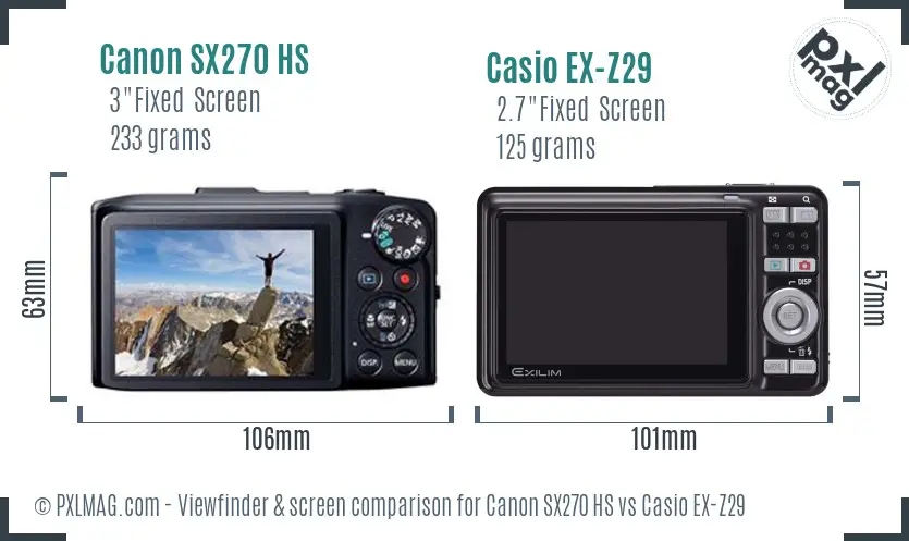 Canon SX270 HS vs Casio EX-Z29 Screen and Viewfinder comparison