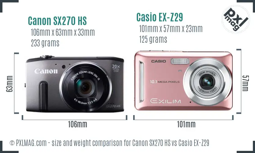 Canon SX270 HS vs Casio EX-Z29 size comparison