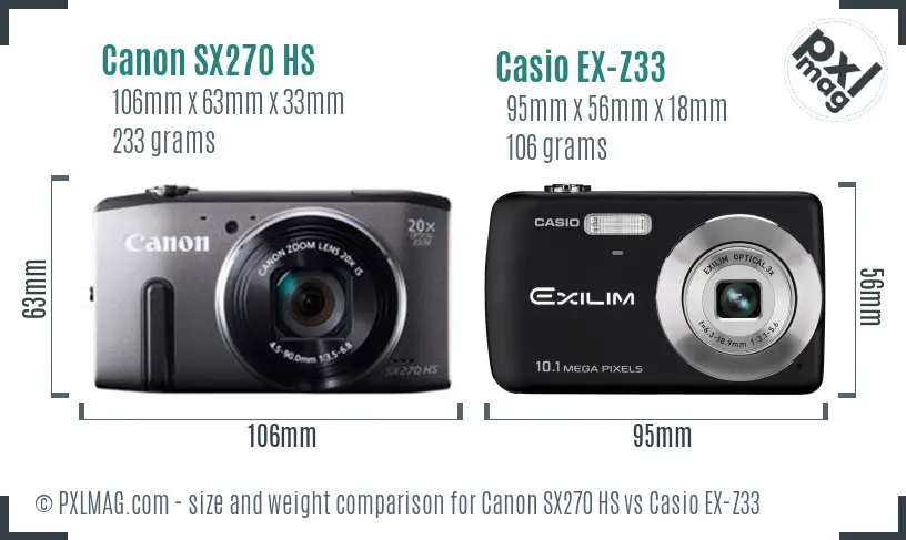 Canon SX270 HS vs Casio EX-Z33 size comparison