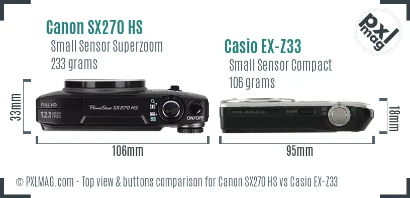 Canon SX270 HS vs Casio EX-Z33 top view buttons comparison