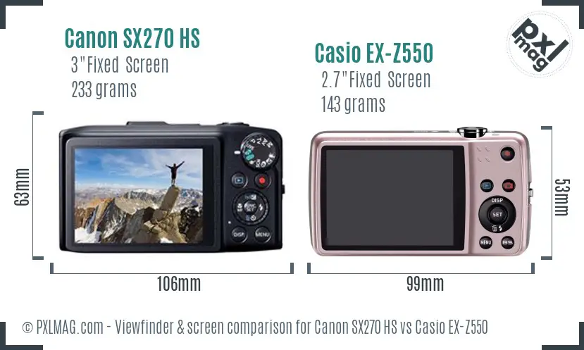 Canon SX270 HS vs Casio EX-Z550 Screen and Viewfinder comparison