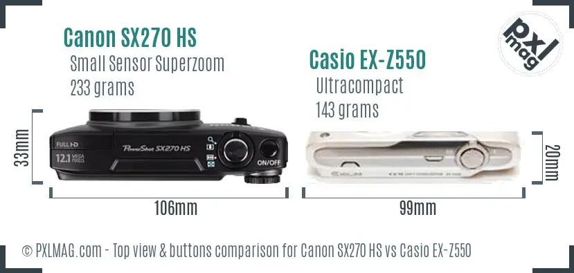 Canon SX270 HS vs Casio EX-Z550 top view buttons comparison