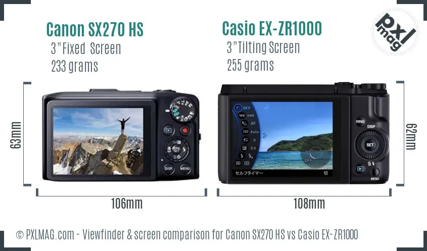 Canon SX270 HS vs Casio EX-ZR1000 Screen and Viewfinder comparison