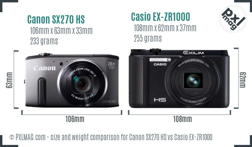 Canon SX270 HS vs Casio EX-ZR1000 size comparison