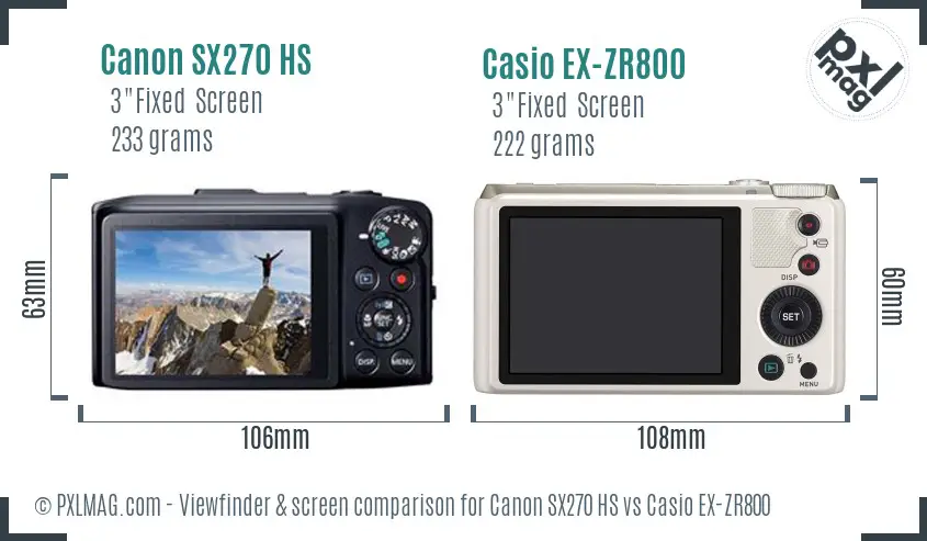 Canon SX270 HS vs Casio EX-ZR800 Screen and Viewfinder comparison