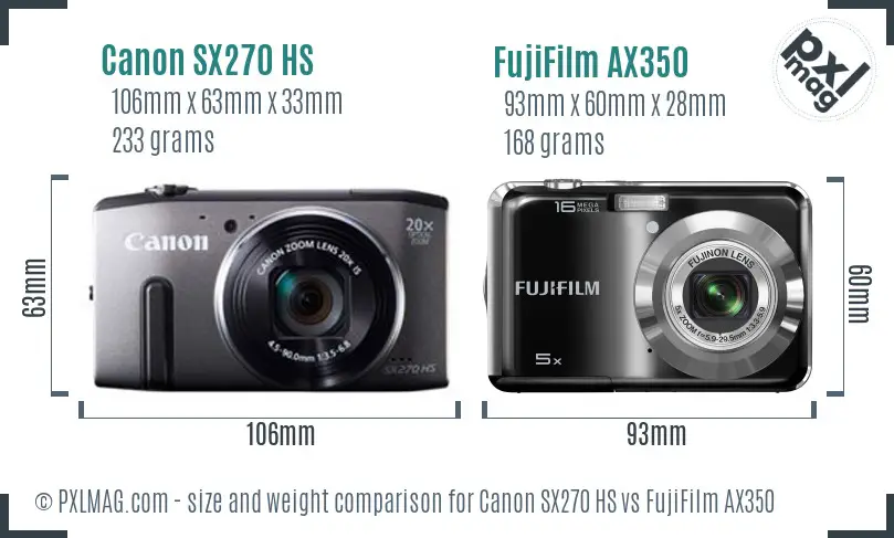Canon SX270 HS vs FujiFilm AX350 size comparison