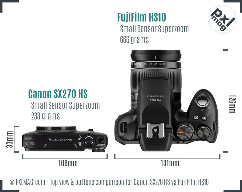 Canon SX270 HS vs FujiFilm HS10 top view buttons comparison Canon SX270 HS vs FujiFilm HS10 top view buttons comparison