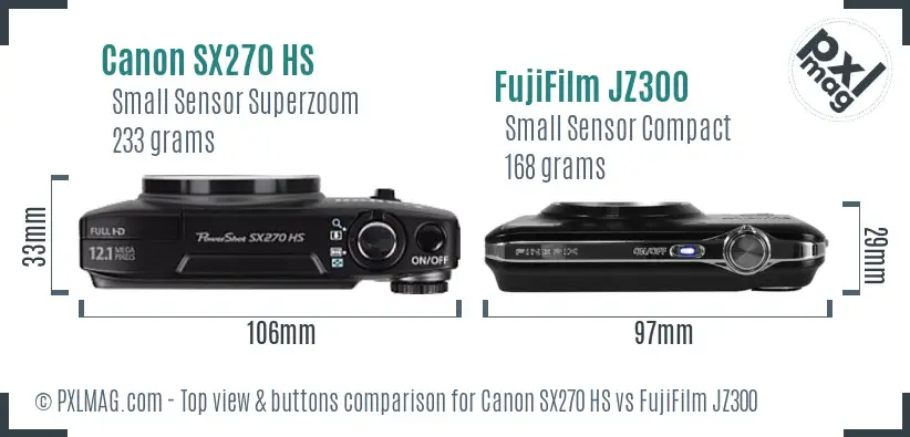 Canon SX270 HS vs FujiFilm JZ300 top view buttons comparison Canon SX270 HS vs FujiFilm JZ300 top view buttons comparison