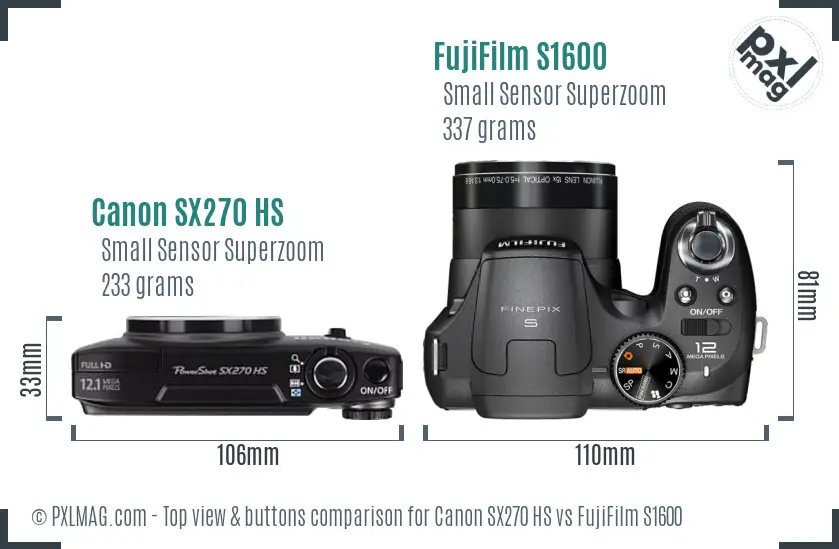 Canon SX270 HS vs FujiFilm S1600 top view buttons comparison